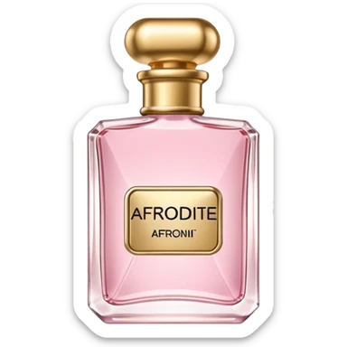 rectangle perfume with gold cap light pink liquid written AFRODITE sticker