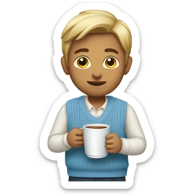 boy in light blue sweater vest holding cup looking at viewer sticker