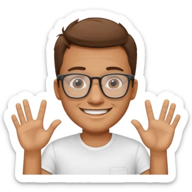 portrait of adult man, wearing a t-shirt, square glasses, smiling face sticker