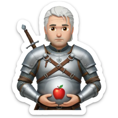 Geralt of Rivia holding pregnant belly, silver hair, medieval armor, serious expression, Apple emoji style sticker