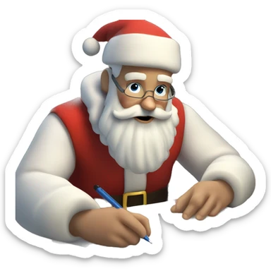 White Father Christmas is sitting on a desk, writing something down on a sheet of paper, solving complicated math puzzles, you can see the math tasks sticker
