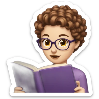 white girl with really short brown curly hair reading a purple book sticker