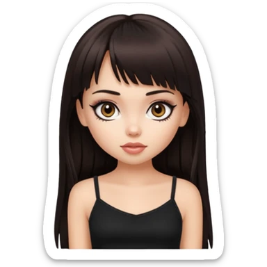 generate a pretty bratz girl in black cami top, dark brown straight long hair with bangs, eyeliner on. dark brown eyes sticker