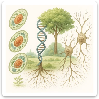 A realistic biological illustration (like in a school book) showing: DNA strands transitioning into a tree, cells with visible organelles, neurons connected to plant roots  and a balanced ecosystem background . Seamless integration, no labels or borders, white background, detailed but minimalist.  sticker