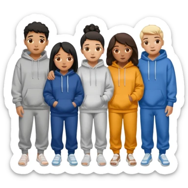 four mixed race friends all wearing oversized hoodies, sweatpants, and slides huddled together  sticker