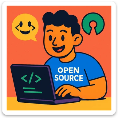 coding emoji, open source theme, a smiling cartoon character typing code sticker