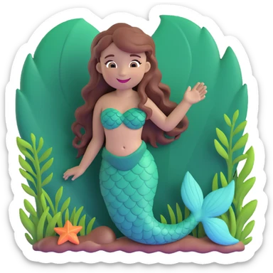 mermaid emoji with chestnut brown hair and a forest green tail, smiling and playful sticker