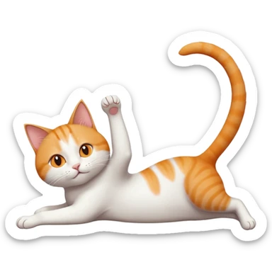 ginger and white cat with orange eyes doing a big extremely long stretch reaching up into the air with arms and legs side by side together straight and overextended whilst lying on its side sticker