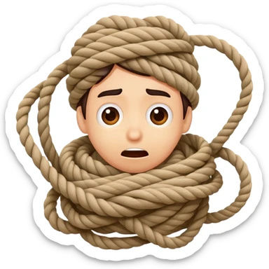 A cartoon person comically tangled and wrapped in rope with a silly surprised expression, looking confused sticker