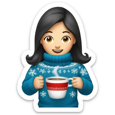 Asian girl drinking coffee wearing blue Christmas sweater sticker