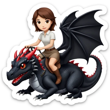 Me, a white female with brown hair, riding a black dragon with a tiny bit of red that has only two legs to your work sticker