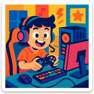 a young boy with a gaming setup, vibrant and playful style, colorful, energetic, fun, modern sticker