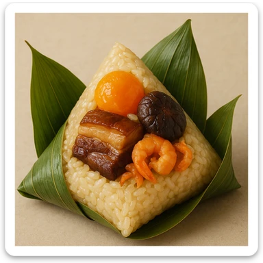 A zongzi with visible sticky rice, salted egg yolk, braised pork belly, mushroom, and dried shrimp filling, wrapped in green bamboo leaves, for Dragon Boat Festival. sticker