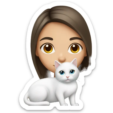 straight hair brunette girl kissing white cat with heterochromia eyes sticker