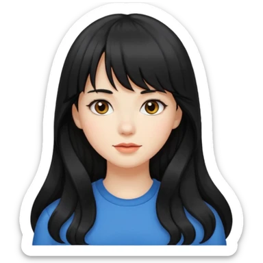 girl with long wavy black hair, straight bangs, white skin sticker
