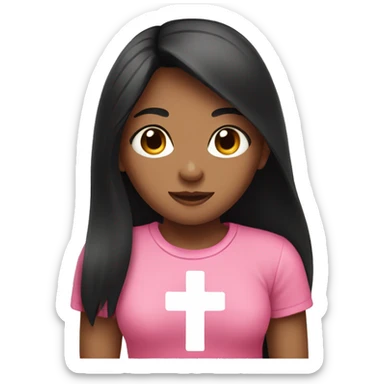 girl with black long hair wearing pink t-shirt with cross in her heart sticker