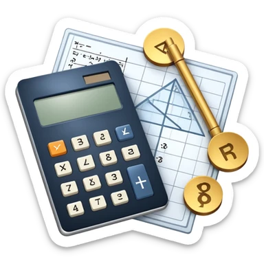 An icon featuring mathematical formulas, a calculator, geometric shapes, and the golden ratio with calculations, symbolizing mathematics. The design includes a ruler, and a graph, representing the study of numbers, equations, and spatial relationships. Transparent background sticker