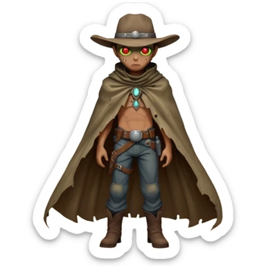 A rugged alien outlaw cowboy with scars and glowing red eyes, torn futuristic poncho, standing in a deserted alien town, dust blowing through empty streets, moody shadows, gritty sci-fi western realism
 sticker