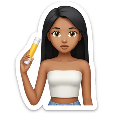 Black girl with an angular face and long straight black hair wearing a white tube top  sticker