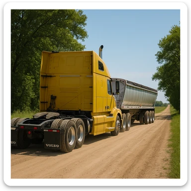 highly photorealistic rear three-quarter angle view of a Volvo yellow semi sleeper truck with a long silver end dump trailer, both in normal driving position, driving away down a rural dirt road lined with trees and grass, bright daytime lighting, clear sky sticker
