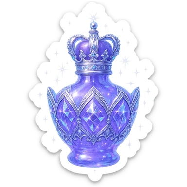 crown-shaped luxurious elixir bottle, color #7986cb, multi-layered holographic and silver details, intricate crystal facets, magical radiant glowing and sparkling effects, seamless and beautifully joined rounded and closed bottom (not flat or open), very small neck, transparent background, floating clearly in air, not standing, no base or shadow, modern, extremely beautiful, matching a collection sticker