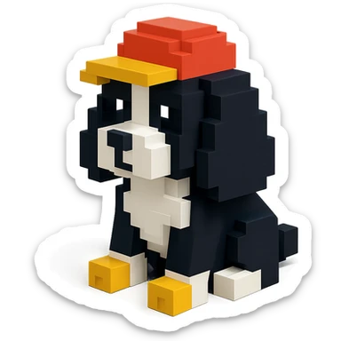 A black and white Russian Cocker Spaniel puppy wearing a cap, voxel style, sitting sticker