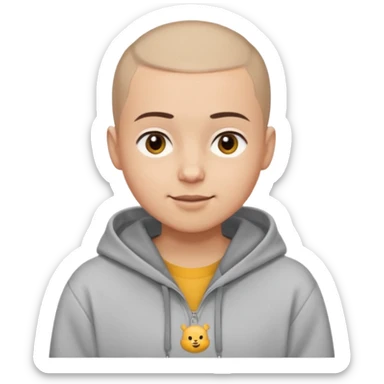 Light skin tone
Buzz cut (very short hair)
Thick, straight eyebrows
Big round brown eyes
Small closed-mouth smile
Wearing a grey hoodie over a white T-shirt sticker