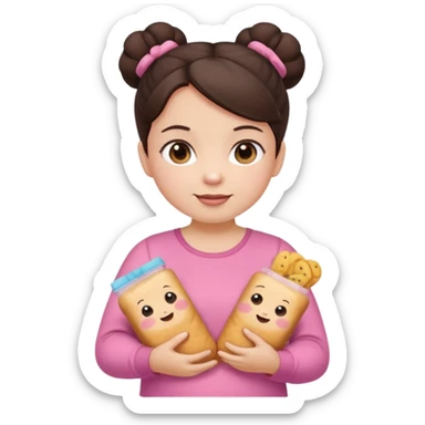 Cute small Toddler emoji with two buns dark brown hair, fair skin, in pink top, holding toddler snacks sticker