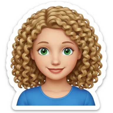 white girl with dark blonde curly hair, blue-green eyes, smiling, shoulder length hair sticker