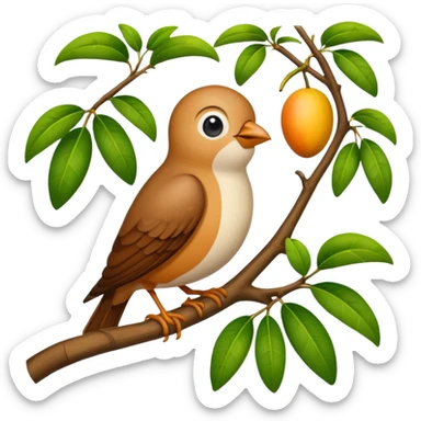 small bird nesting on a mango tree branch, peaceful environment, rural Bengal scene, emoji style sticker