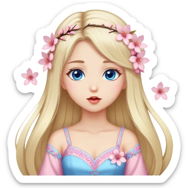 Turkish Girl with long blond hair with sakura accessories on her hair with a long tailed sakura dress on the ground and have blue eyes with beautiful finish and she sending lovely kisses  sticker