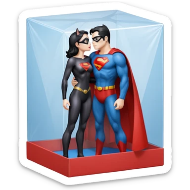 Isolated, ultra detailed illustration of the most incredibly realistic and sensual appearance, DC Hero Catwoman and superman kissing, full body view, center of image
figurine imaginable in plastic translucent cardboard box, toy style. sticker
