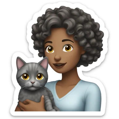 pretty curly brunette woman holding grey cat sticker