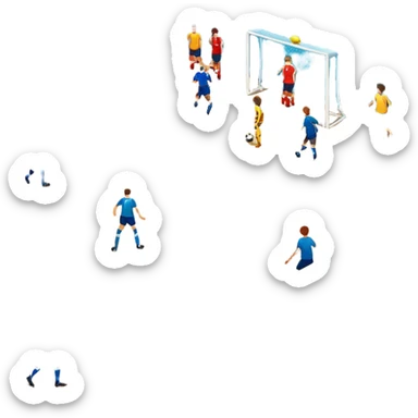 A mini-football match in an indoor sports hall with wooden flooring and clear field markings. The scene shows a vibrant game in action, with players positioned on the court, the goalposts visible, and the atmosphere filled with energy and focus. sticker