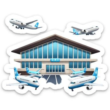 A 3D cartoon airport terminal building with glass windows and airplanes nearby, clean lighting, Memoji-style rendering. sticker