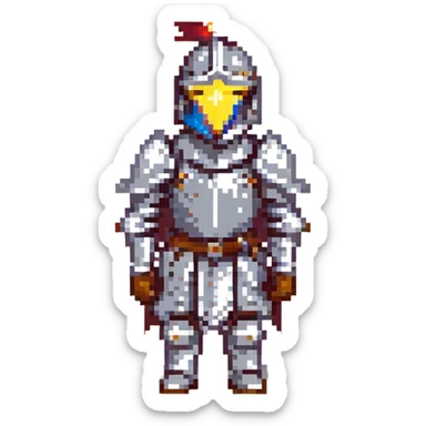 A pixel art knight in armor with a closed helmet, winking flirtatiously. The knight's arms and legs are in different positions. The image is portrait-sized and has a clear outline. sticker