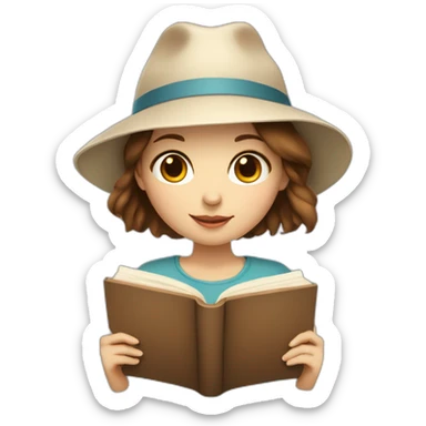 white skin, Girl with a hat, brown hair straight to the shoulders, holding a book sticker