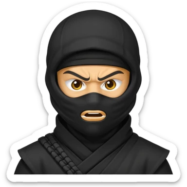 angry ninja face emoji, classic yellow emoji style, all black ninja mask, furrowed brows, only eyes exposed sticker