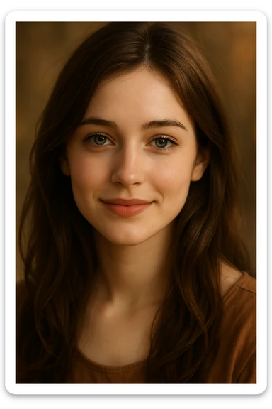 a beautiful and sweet brunette girl with blue eyes, soft features, gentle smile, inviting expression sticker