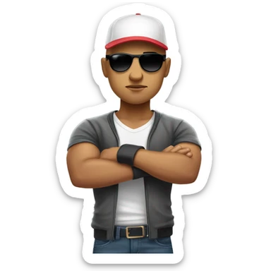 Bald Mexican young man with round face a baseball cap and dark cool sunglasses looking tough huge muscles sticker
