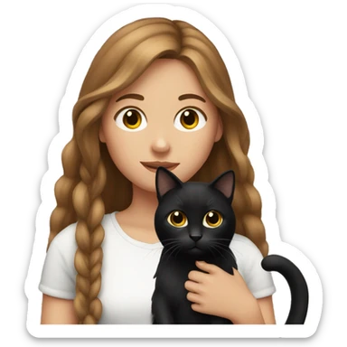 Girl with long brown hair holding a black cat sticker
