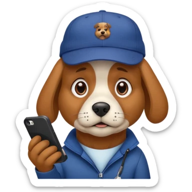 dog with a DeGould branded cap who is sad at his mobile phone sticker
