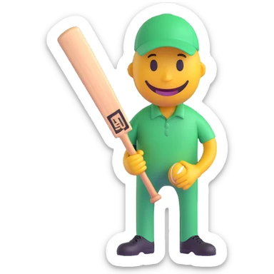 3D smiley emoji, round shape, holding cricket bat and ball, sporty face, transparent background (cricket) sticker