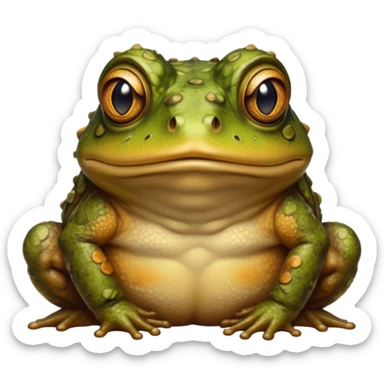 Cinematic Noble Toad Portrait Emoji, Poised and earthy, with a stout, robust build covered in textured, warty skin in warm, natural tones and deep, observant eyes, Simplified yet sharp and sophisticated features, highly detailed, glowing with a soft, natural mossy glow, high shine, intelligent and grounded, stylized with an air of rustic authority, focused and steady, soft glowing outline, capturing the essence of a watchful amphibian guardian that appears ready to leap out of the screen with effortless command! sticker