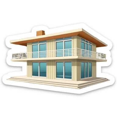 midcentury modern house with 1000 sqft and all windows and a sliding windows on corner. With overhanging shade and slats. sticker