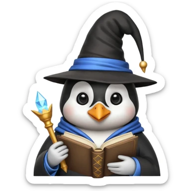 penguin wizard with a pointed hat and magical book sticker