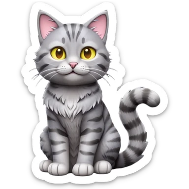 cinematic-[grey tabby cat]-realistic-full-body-sitting-emoji,-tail-curled-playfully-around-its-paws,-head-tilted-dramatically,-scruffy-[grey]-fur,-simplified-yet-realistic-focused-features,-highly-detailed,-glowing-with-an-almost-sarcastic-glow sticker