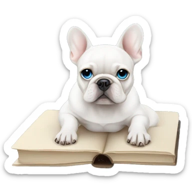 White French bulldog with blue eyes sitting on a Chanel book sticker