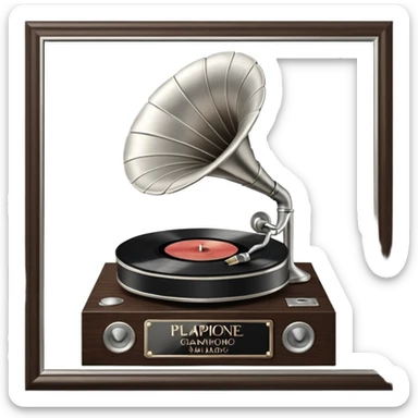 A platinum music award plaque: a square, polished platinum plate with a subtly textured, mirror-like finish, mounted on a simple dark wood base. The center features a relief of a vintage gramophone or stylized vinyl record in a slightly darker metallic tone.  sticker