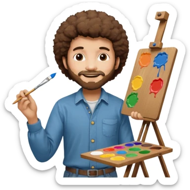 Bob Ross with a paint palette and painting on an easel sticker